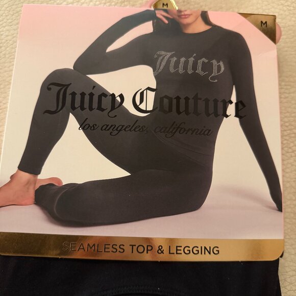 NEW JUICY COUTURE SEAMLESS TOP & LEGGING 2 PIECE SET M BLACK TIK TOK VIRAL - Picture 2 of 4
